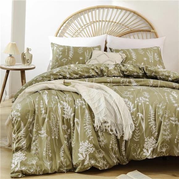 3 Pieces Duvet Covers Queen Size Floral Cover White Botanical Printed Soft Bed - Picture 1 of 8